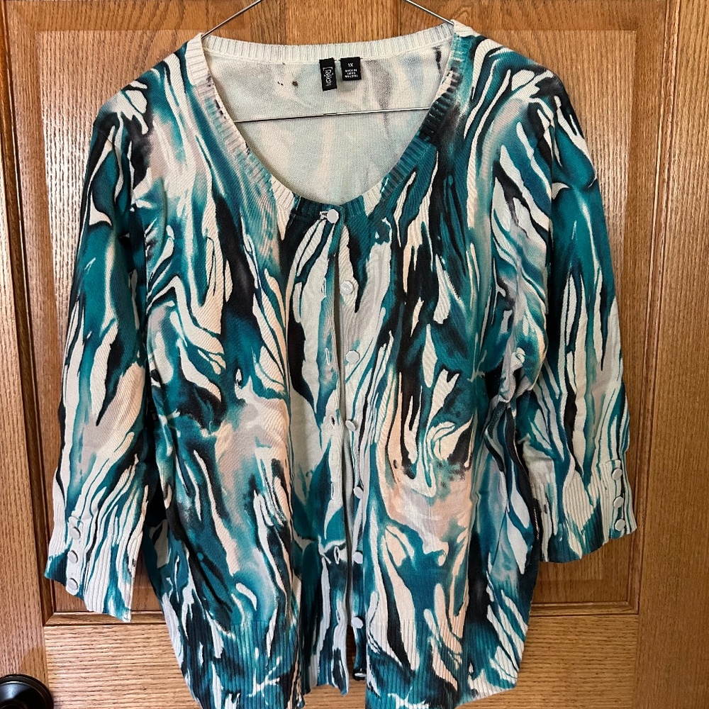 Relativity 3/4 Sleeve Blue/Green Button Down Cardigan Sweater. Size 1X.